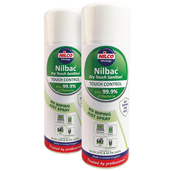 Nilco Nilbac® Dry-Touch Sanitiser Touch Control Antibacterial Aerosol Spray - 400ml Twin Pack