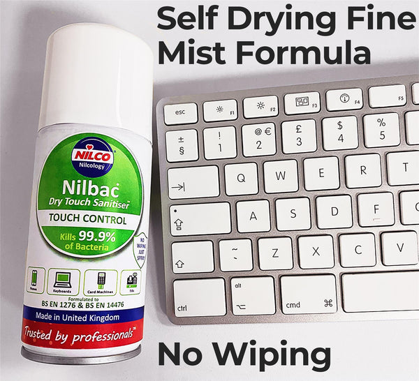 Nilco Nilbac® Dry-Touch Sanitiser Touch Control Antibacterial Aerosol Spray - 150ml 6 Pack