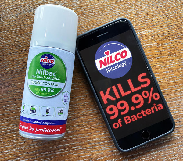 Nilco Nilbac® Dry-Touch Sanitiser Touch Control Antibacterial Aerosol Spray - 400ml Twin Pack